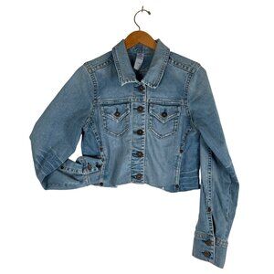 Silver Jeans Womens Size L‎ Denim Jacket Cropped Distressed Raw Hem Med Wash L/S